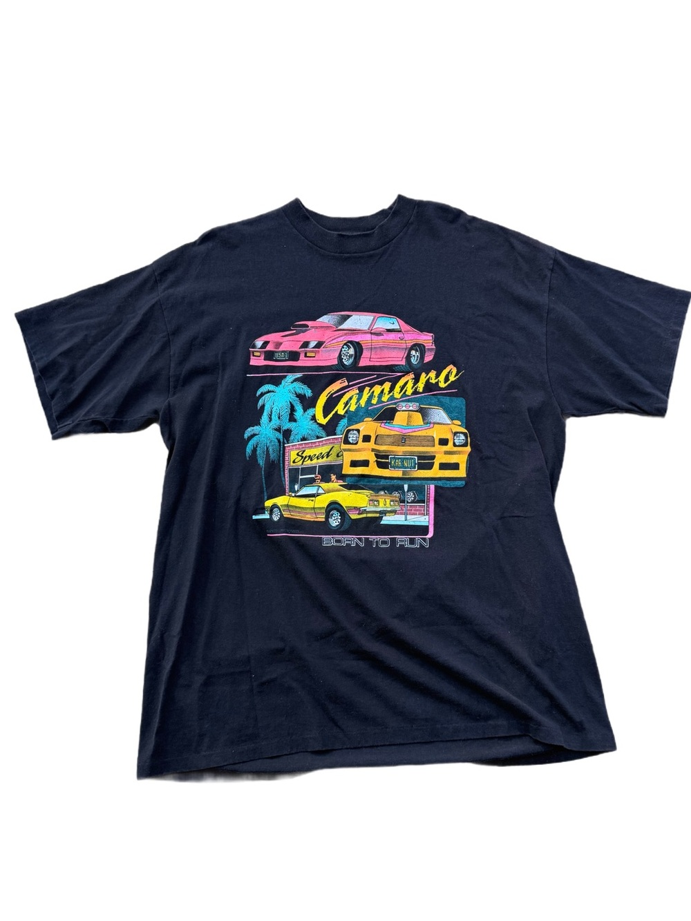 Vintage Tophalf men’s Black Camaro Graphic Tee with Neon Car Print made in USA
